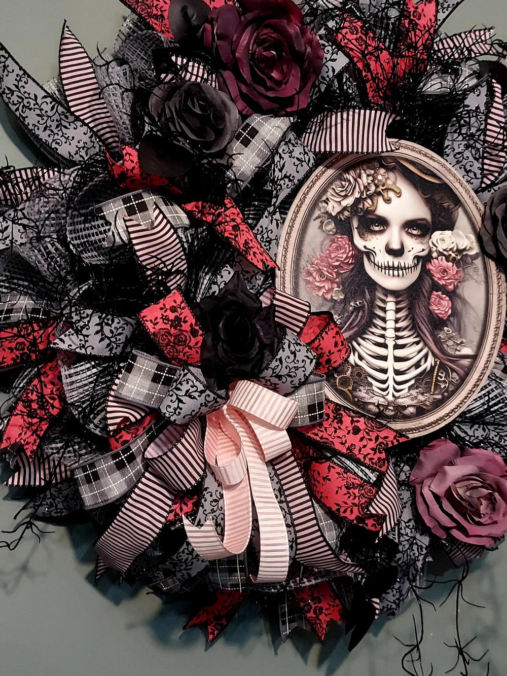 Hand Crafted Black & Pink Gothic Skeleton Portrait Wreath
